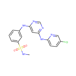 CNS(=O)(=O)c1cccc(Nc2cc(Nc3ccc(Cl)cn3)ncn2)c1 ZINC000204190487