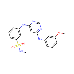 CNS(=O)(=O)c1cccc(Nc2cc(Nc3cccc(OC)c3)ncn2)c1 ZINC000198456029