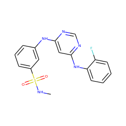 CNS(=O)(=O)c1cccc(Nc2cc(Nc3ccccc3F)ncn2)c1 ZINC000198457966