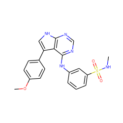 CNS(=O)(=O)c1cccc(Nc2ncnc3[nH]cc(-c4ccc(OC)cc4)c23)c1 ZINC000204892797