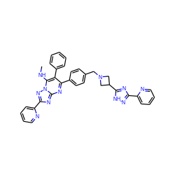 CNc1c(-c2ccccc2)c(-c2ccc(CN3CC(c4nc(-c5ccccn5)n[nH]4)C3)cc2)nc2nc(-c3ccccn3)nn12 ZINC000205490696