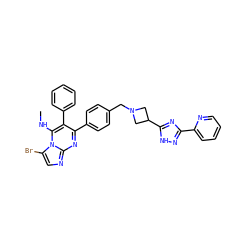 CNc1c(-c2ccccc2)c(-c2ccc(CN3CC(c4nc(-c5ccccn5)n[nH]4)C3)cc2)nc2ncc(Br)n12 ZINC000143020232