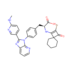 CNc1ccc(-c2nc3cccnc3n2-c2ccc(C[C@H](NC3=C(Br)C(=O)C34CCCCC4)C(=O)O)cc2)cn1 ZINC000100077491