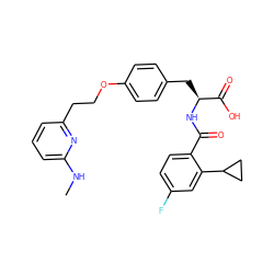 CNc1cccc(CCOc2ccc(C[C@H](NC(=O)c3ccc(F)cc3C3CC3)C(=O)O)cc2)n1 ZINC000084669004