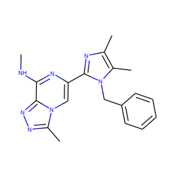 CNc1nc(-c2nc(C)c(C)n2Cc2ccccc2)cn2c(C)nnc12 ZINC000209367020