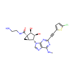 CNc1nc(C#Cc2ccc(Cl)s2)nc2c1ncn2[C@H]1[C@H](O)[C@H](O)[C@]2(C(=O)NCCN)C[C@H]12 ZINC001772656772