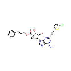 CNc1nc(C#Cc2ccc(Cl)s2)nc2c1ncn2[C@H]1[C@H](O)[C@H](O)[C@]2(C(=O)OCCCc3ccccc3)C[C@H]12 ZINC001772642047