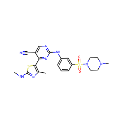 CNc1nc(C)c(-c2nc(Nc3cccc(S(=O)(=O)N4CCN(C)CC4)c3)ncc2C#N)s1 ZINC000103291570