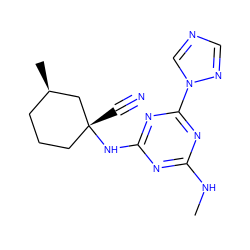 CNc1nc(N[C@]2(C#N)CCC[C@@H](C)C2)nc(-n2cncn2)n1 ZINC000096928553