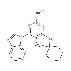 CNc1nc(NC2(C#N)CCCCC2)nc(-n2cnc3ccccc32)n1 ZINC000096924110