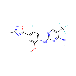 CNc1nc(Nc2cc(F)c(-c3nc(C)no3)cc2OC)ncc1C(F)(F)F ZINC000169704318