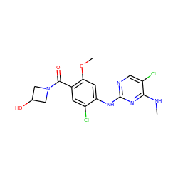 CNc1nc(Nc2cc(OC)c(C(=O)N3CC(O)C3)cc2Cl)ncc1Cl ZINC000147713108