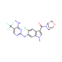 CNc1nc(Nc2cc3c(cc2Cl)c(C(=O)N2C[C@@H]4C[C@H]2CO4)cn3C)ncc1C(F)(F)F ZINC000169704588