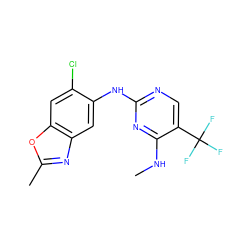 CNc1nc(Nc2cc3nc(C)oc3cc2Cl)ncc1C(F)(F)F ZINC000169704563