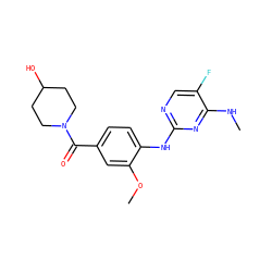 CNc1nc(Nc2ccc(C(=O)N3CCC(O)CC3)cc2OC)ncc1F ZINC000169705008