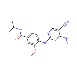 CNc1nc(Nc2ccc(C(=O)NC(C)C)cc2OC)ncc1C#N ZINC000169705120