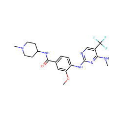 CNc1nc(Nc2ccc(C(=O)NC3CCN(C)CC3)cc2OC)ncc1C(F)(F)F ZINC000072318666