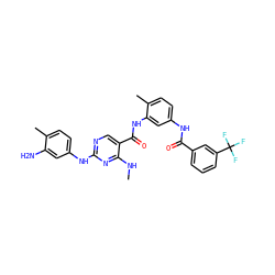 CNc1nc(Nc2ccc(C)c(N)c2)ncc1C(=O)Nc1cc(NC(=O)c2cccc(C(F)(F)F)c2)ccc1C ZINC000653729304
