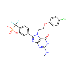 CNc1nc2nc(-c3ccc(C(F)(F)P(=O)(O)O)cc3)n(CCOc3ccc(Cl)cc3)c2c(=O)[nH]1 ZINC000084655002