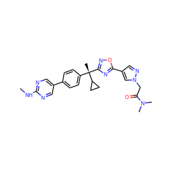 CNc1ncc(-c2ccc([C@](C)(c3noc(-c4cnn(CC(=O)N(C)C)c4)n3)C3CC3)cc2)cn1 ZINC000114355768