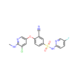 CNc1ncc(Oc2ccc(S(=O)(=O)Nc3ccc(F)cn3)cc2C#N)cc1Cl ZINC000473228778