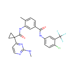 CNc1nccc(C2(C(=O)Nc3cc(C(=O)Nc4ccc(Cl)c(C(F)(F)F)c4)ccc3C)CC2)n1 ZINC001772578437