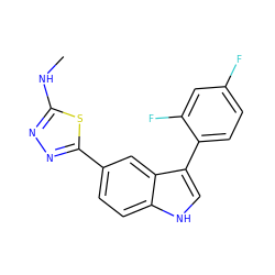 CNc1nnc(-c2ccc3[nH]cc(-c4ccc(F)cc4F)c3c2)s1 ZINC000204775737