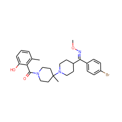 CO/N=C(/c1ccc(Br)cc1)C1CCN(C2(C)CCN(C(=O)c3c(C)cccc3O)CC2)CC1 ZINC000027518856