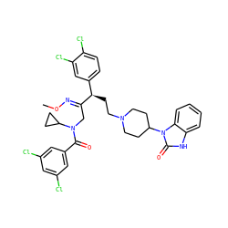 CO/N=C(\CN(C(=O)c1cc(Cl)cc(Cl)c1)C1CC1)[C@H](CCN1CCC(n2c(=O)[nH]c3ccccc32)CC1)c1ccc(Cl)c(Cl)c1 ZINC000026396826