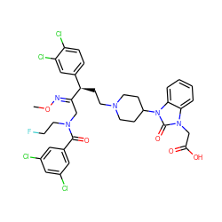 CO/N=C(\CN(CCF)C(=O)c1cc(Cl)cc(Cl)c1)[C@H](CCN1CCC(n2c(=O)n(CC(=O)O)c3ccccc32)CC1)c1ccc(Cl)c(Cl)c1 ZINC000095610368