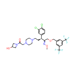 CO/N=C(\COCc1cc(C(F)(F)F)cc(C(F)(F)F)c1)[C@@H](CCN1CCN(CC(=O)N2CC(O)C2)CC1)c1ccc(Cl)c(Cl)c1 ZINC000026398753