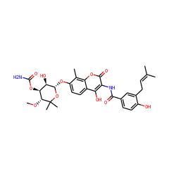 CO[C@@H]1[C@@H](OC(N)=O)[C@@H](O)[C@H](Oc2ccc3c(O)c(NC(=O)c4ccc(O)c(CC=C(C)C)c4)c(=O)oc3c2C)OC1(C)C ZINC000014879999