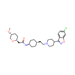 CO[C@@H]1CC[C@@H](CC(=O)N[C@H]2CC[C@H](CCN3CCC(c4noc5cc(Cl)ccc45)CC3)CC2)OC1 ZINC001772605292
