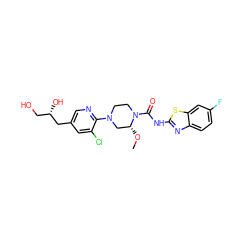 CO[C@@H]1CN(c2ncc(C[C@@H](O)CO)cc2Cl)CCN1C(=O)Nc1nc2ccc(F)cc2s1 ZINC000143004369