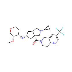 CO[C@@H]1COCC[C@@H]1N[C@@H]1C[C@H]2CN(C3CC3)C[C@@]2(C(=O)N2CCc3ncc(C(F)(F)F)cc3C2)C1 ZINC000103261919