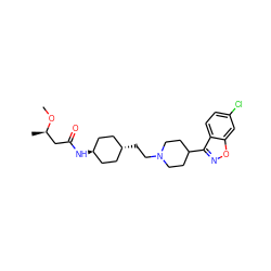 CO[C@H](C)CC(=O)N[C@H]1CC[C@H](CCN2CCC(c3noc4cc(Cl)ccc34)CC2)CC1 ZINC001772577993