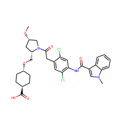 CO[C@H]1C[C@@H](CO[C@H]2CC[C@H](C(=O)O)CC2)N(C(=O)Cc2cc(Cl)c(NC(=O)c3cn(C)c4ccccc34)cc2Cl)C1 ZINC000253679353