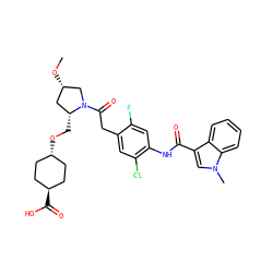CO[C@H]1C[C@@H](CO[C@H]2CC[C@H](C(=O)O)CC2)N(C(=O)Cc2cc(Cl)c(NC(=O)c3cn(C)c4ccccc34)cc2F)C1 ZINC000253683098