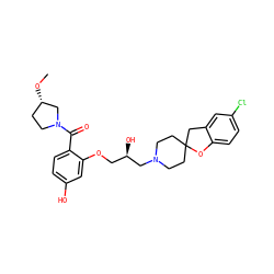 CO[C@H]1CCN(C(=O)c2ccc(O)cc2OC[C@@H](O)CN2CCC3(CC2)Cc2cc(Cl)ccc2O3)C1 ZINC000036419464