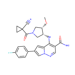 CO[C@H]1CN(C(=O)C2(C#N)CC2)C[C@H]1Nc1c(C(N)=O)cnn2cc(-c3ccc(F)cc3)cc12 ZINC000142753601