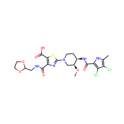 CO[C@H]1CN(c2nc(C(=O)NCC3OCCO3)c(C(=O)O)s2)CC[C@H]1NC(=O)c1[nH]c(C)c(Cl)c1Cl ZINC000139953097