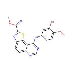 COC(=N)c1nc2ccc3ncnc(Nc4ccc(OC)c(O)c4)c3c2s1 ZINC000207594340