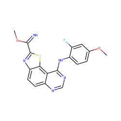 COC(=N)c1nc2ccc3ncnc(Nc4ccc(OC)cc4F)c3c2s1 ZINC000207580394