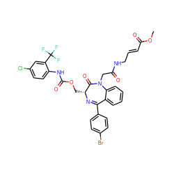 COC(=O)/C=C/CNC(=O)CN1C(=O)[C@@H](COC(=O)Nc2ccc(Cl)cc2C(F)(F)F)N=C(c2ccc(Br)cc2)c2ccccc21 ZINC000096171957