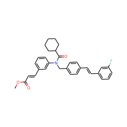 COC(=O)/C=C/c1cccc(N(Cc2ccc(/C=C/c3cccc(F)c3)cc2)C(=O)C2CCCCC2)c1 ZINC000028472983