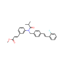 COC(=O)/C=C/c1cccc(N(Cc2ccc(/C=C/c3ccccc3F)cc2)C(=O)C(C)C)c1 ZINC000028476038