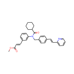 COC(=O)/C=C/c1cccc(N(Cc2ccc(/C=C/c3ccccn3)cc2)C(=O)C2CCCCC2)c1 ZINC000028470876