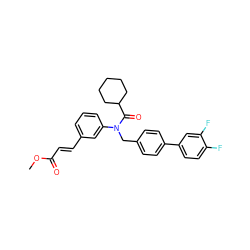 COC(=O)/C=C/c1cccc(N(Cc2ccc(-c3ccc(F)c(F)c3)cc2)C(=O)C2CCCCC2)c1 ZINC000028470871