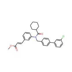 COC(=O)/C=C/c1cccc(N(Cc2ccc(-c3cccc(Cl)c3)cc2)C(=O)C2CCCCC2)c1 ZINC000028468222