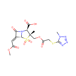 COC(=O)/C=C1/C(=O)N2[C@@H](C(=O)O)[C@](C)(COC(=O)CSc3nnnn3C)S(=O)(=O)[C@H]12 ZINC000029571117